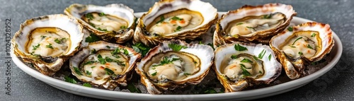 A platter of grilled oysters served with a garlic and herb butter sauce, grilled oysters, seafood delight