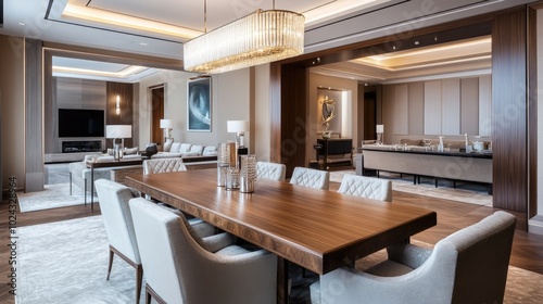 A luxurious modern dining room with a large wooden table