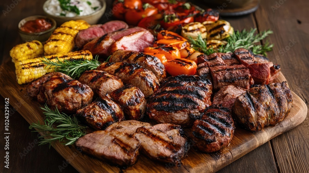 A variety of grilled meats and vegetables served on a large wooden board, perfect for sharing, grilled meat platter, barbecue feast A variety of grilled meats and vegetables served on a large wooden board, perfect for sharing, grilled meat platter, barbecue feast