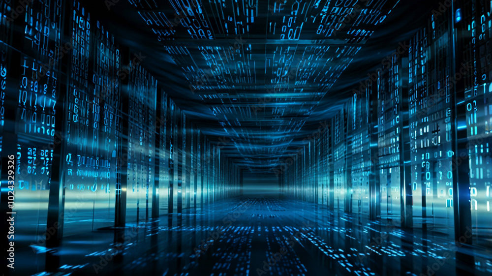 Obraz premium Blue digital binary data on computer screen background