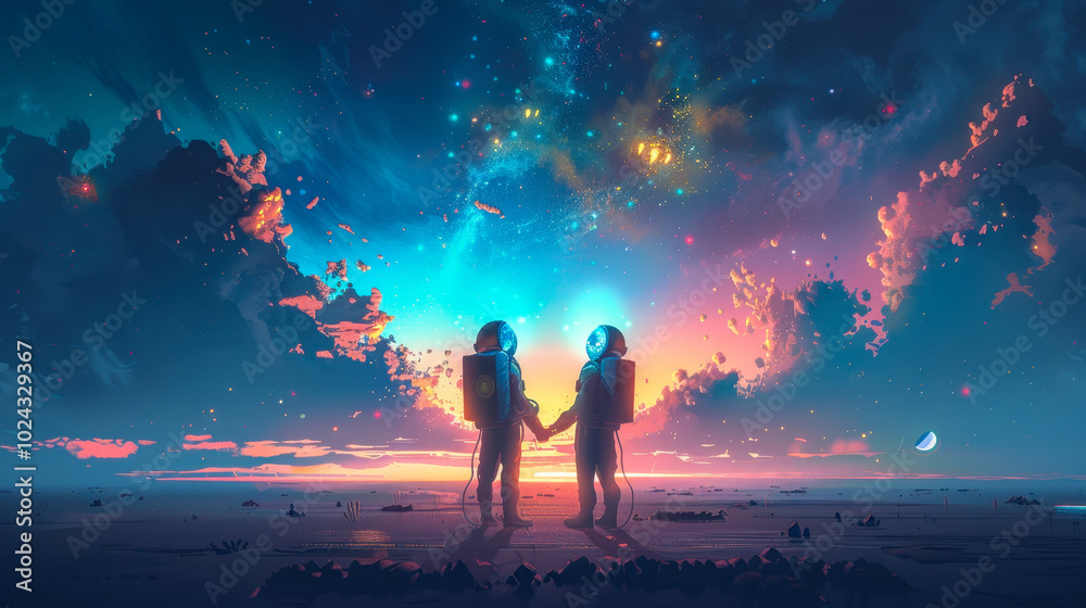 Fototapeta premium Romantic Space Journey: Astronaut Couple Holding Hands in a Starry Cosmos - Digital Art Illustration of Love in Outer Space