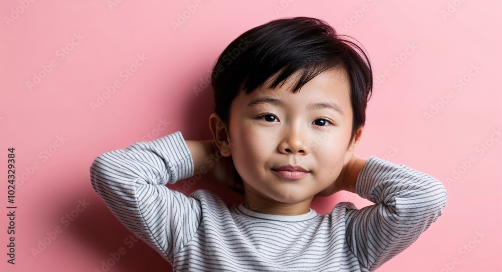 Child Asian boy with small nose and straight black hair relaxed soft pink background Child Asian boy with small nose and straight black hair relaxed soft pink background