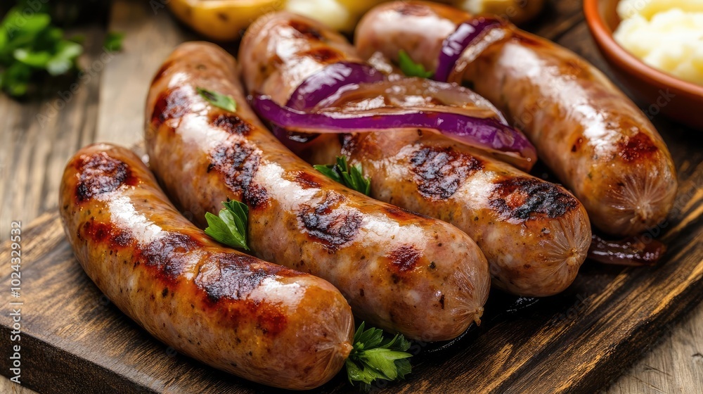 Grilled pork sausages served with mashed potatoes and caramelized onions, grilled pork sausages, comfort food Grilled pork sausages served with mashed potatoes and caramelized onions, grilled pork sausages, comfort food