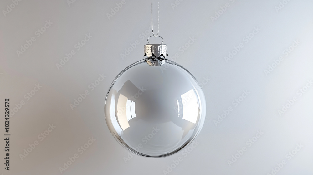 A single clear Christmas ornament hanging in bright light on Christmas Day A single clear Christmas ornament hanging in bright light on Christmas Day