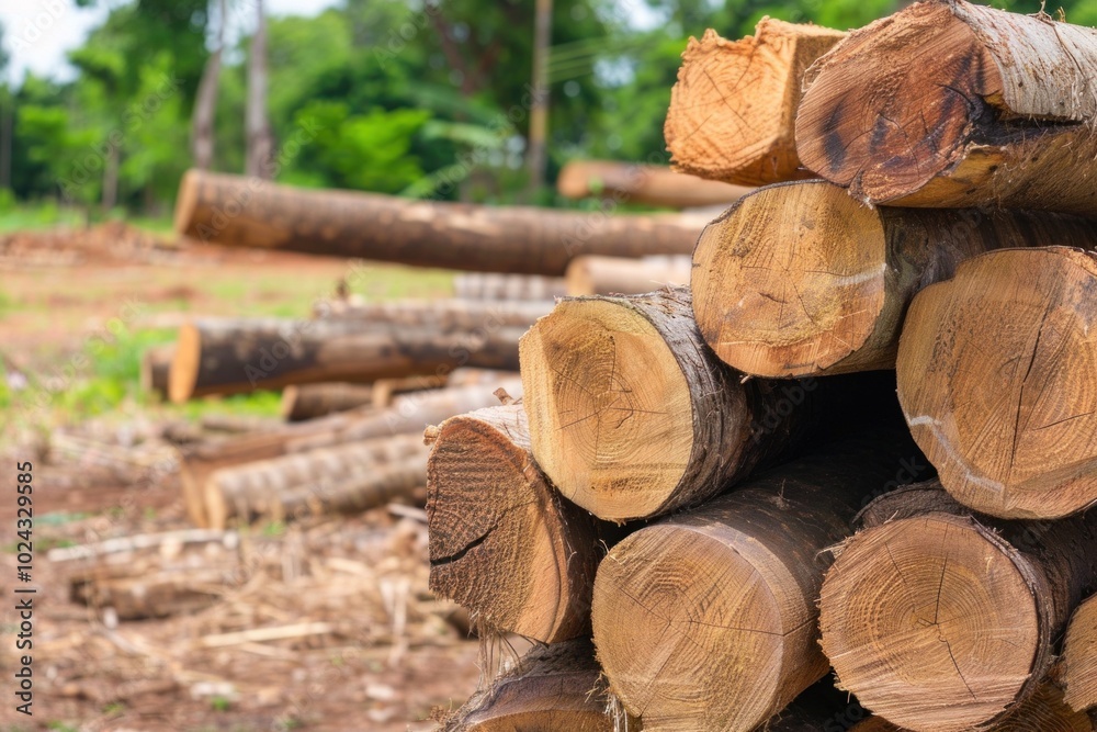 Stacked timber logs in forest clearing with freshly cut ends Stacked timber logs in forest clearing with freshly cut ends