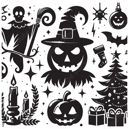  Halloween clip art assortment including jack-o'-lanterns, cobwebs, and playful ghosts for festive designs.