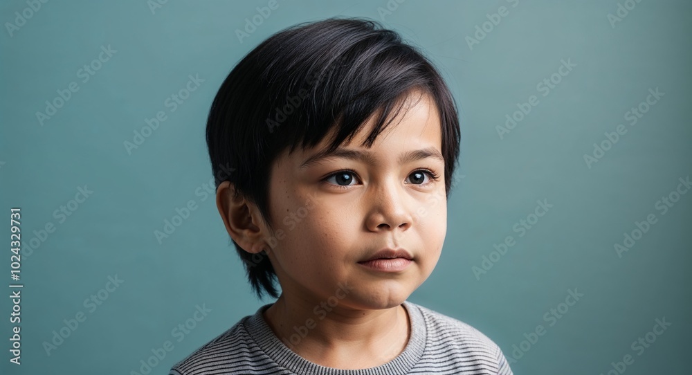 Child Latino boy with angular face and straight black hair focused warm blue background Child Latino boy with angular face and straight black hair focused warm blue background