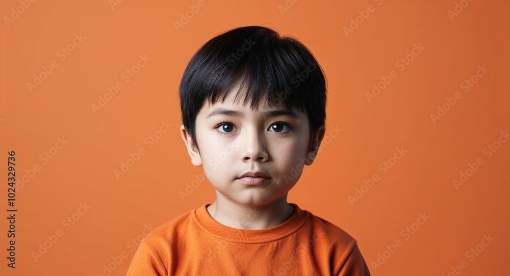 Child Latino boy with bright eyes and straight black hair serious light orange background Child Latino boy with bright eyes and straight black hair serious light orange background