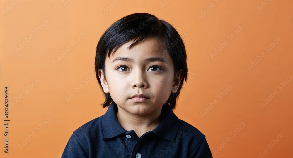 Child Latino boy with bright eyes and straight black hair serious light orange background Child Latino boy with bright eyes and straight black hair serious light orange background