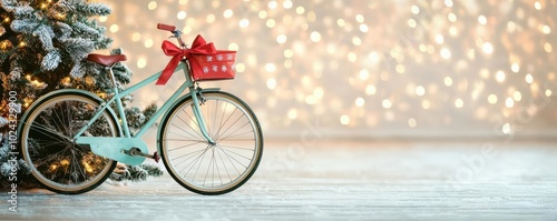 Festive vintage bicycle with a red basket, decorated for Christmas, next to a pine tree, glowing lights creating a warm holiday atmosphere. photo