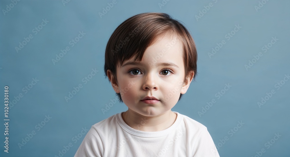 Child white boy with delicate features and straight brown hair neutral face pale blue background Child white boy with delicate features and straight brown hair neutral face pale blue background