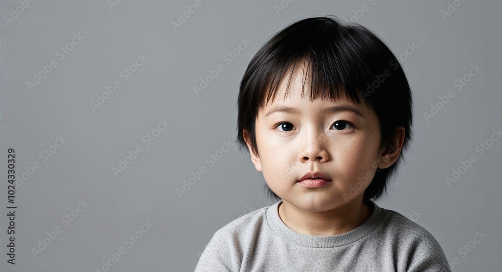 Kid Asian boy with delicate features and straight black hair laughing dark gray background Kid Asian boy with delicate features and straight black hair laughing dark gray background
