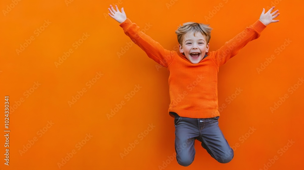 Fototapeta premium 61. A young boy with a joyful expression, jumping in delight, against a bright orange background.