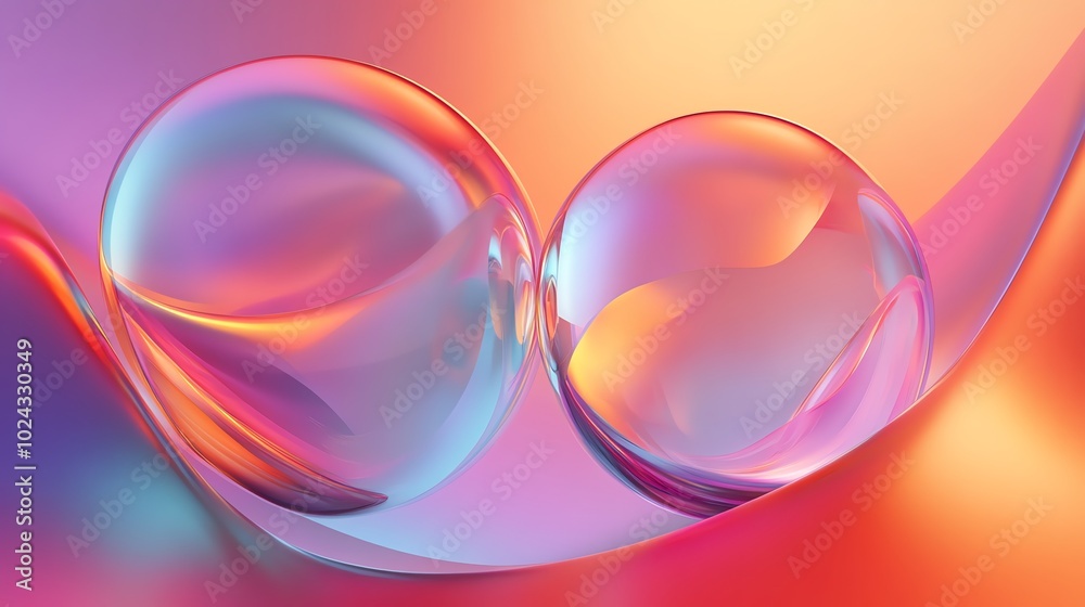 Two iridescent glass spheres sit atop a vibrant, abstract, flowing surface. Two iridescent glass spheres sit atop a vibrant, abstract, flowing surface.