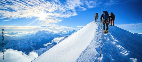 Three climbers reach the summit of a snow-covered mountain with stunning views of the surrounding peaks and clouds below. 