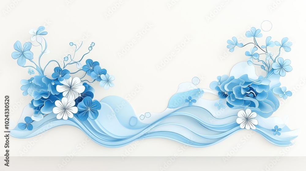 Blue mural featuring whimsical soft sculpture accents, flowing along a wall in a finely detailed 3D cartoon style Blue mural featuring whimsical soft sculpture accents, flowing along a wall in a finely detailed 3D cartoon style