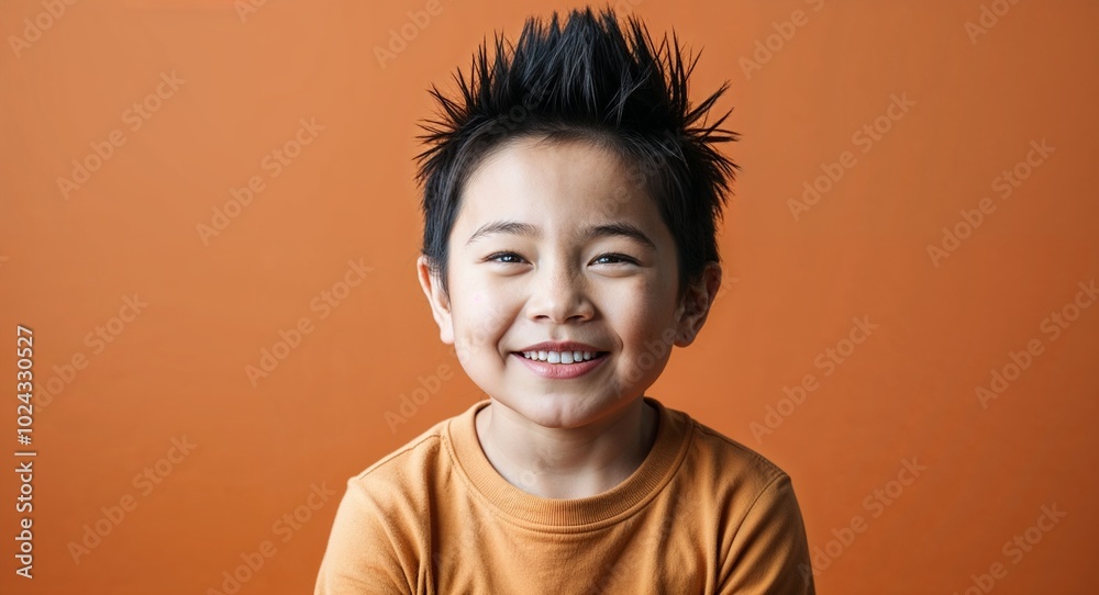 Kid Asian boy with soft features and spiked black hair smirking warm orange background Kid Asian boy with soft features and spiked black hair smirking warm orange background
