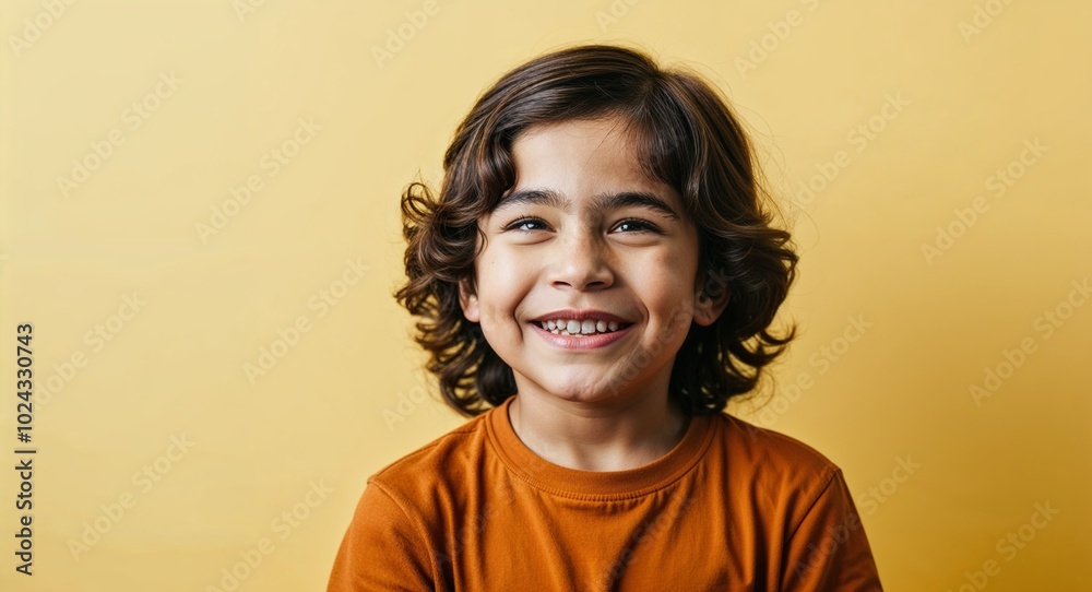 Kid Latino boy with delicate features and wavy brown hair smirking warm yellow background Kid Latino boy with delicate features and wavy brown hair smirking warm yellow background