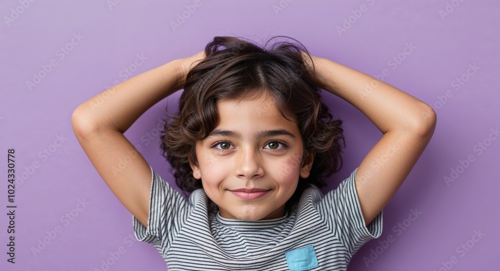 Kid Latino boy with high cheekbones and wavy brown hair relaxed pale purple background Kid Latino boy with high cheekbones and wavy brown hair relaxed pale purple background