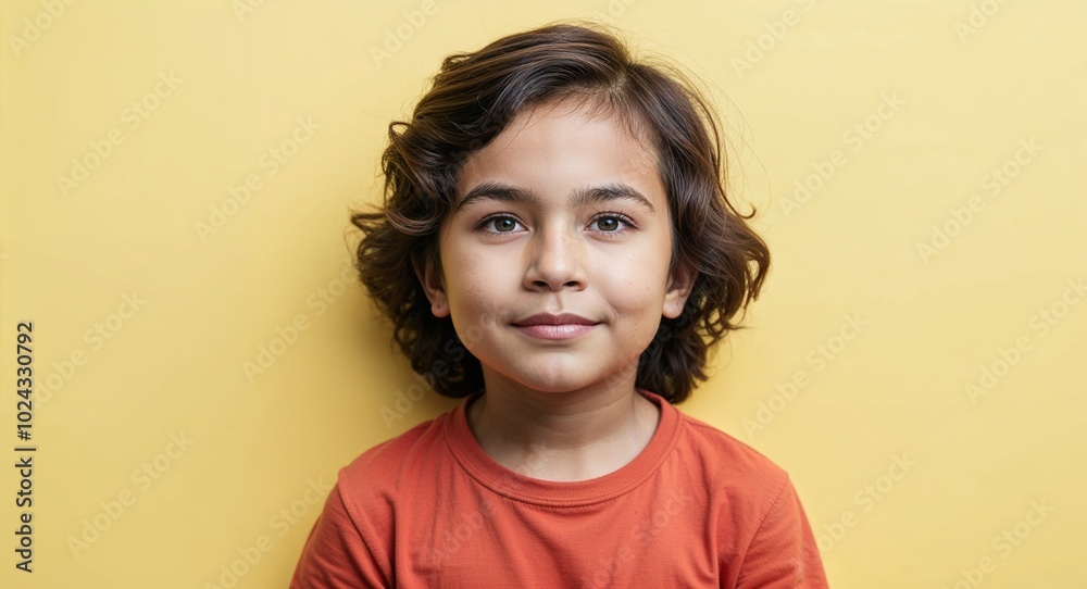 Kid Latino boy with high forehead and wavy brown hair relaxed pale yellow background Kid Latino boy with high forehead and wavy brown hair relaxed pale yellow background