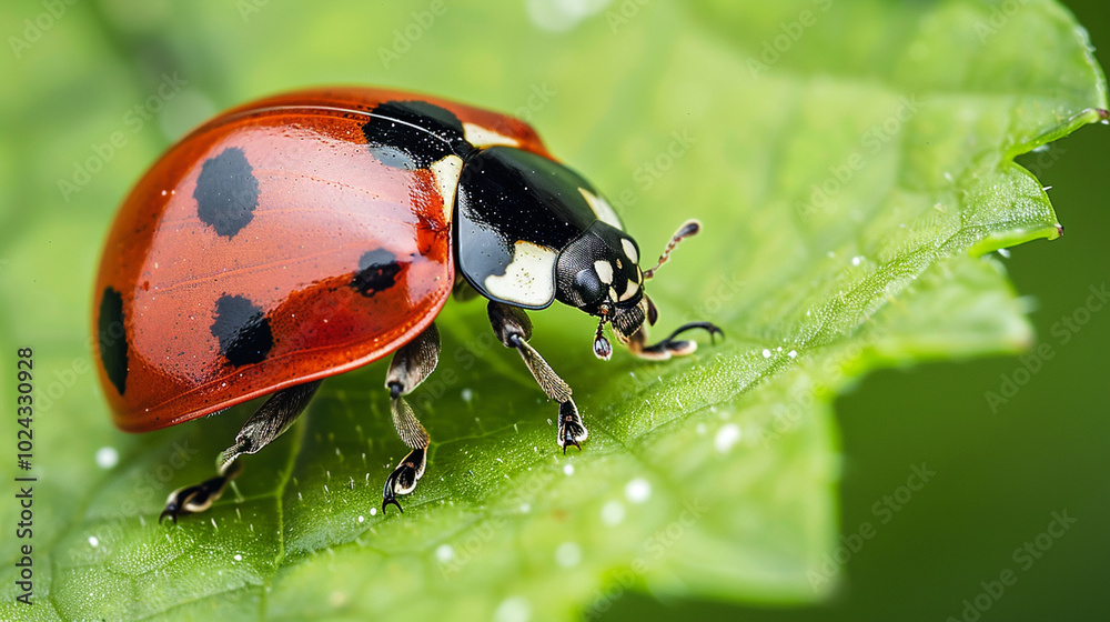 Naklejka premium Close-up of a ladybug perched on a green leaf covered in dew drops, highlighting details of nature and insect life.