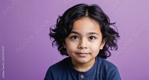 Kid Latino boy with wide forehead and wavy black hair thoughtful pale purple background