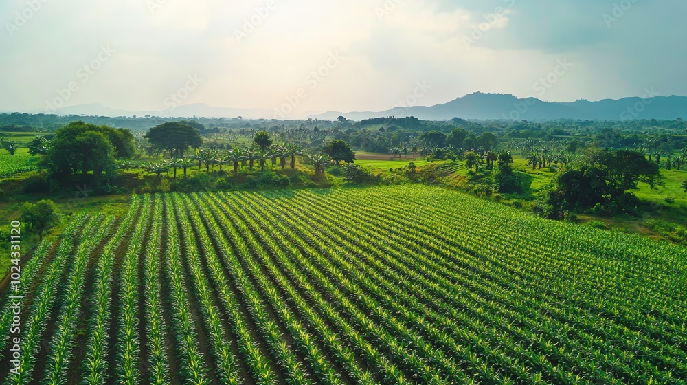 Lush green field with rows of crops, surrounded by trees and mountains in the distance.