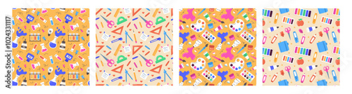 School pattern seamless. Children education. Students study. Stationery icon. Learning book. Kids science. Repeated fabric cartoon print. Chemistry class. Paint palette. Vector garish backgrounds set
