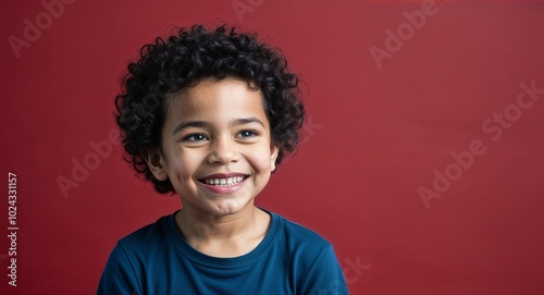 Wallpaper Mural Kid mixed race boy with soft cheeks and curly hair smirking dark red background Torontodigital.ca