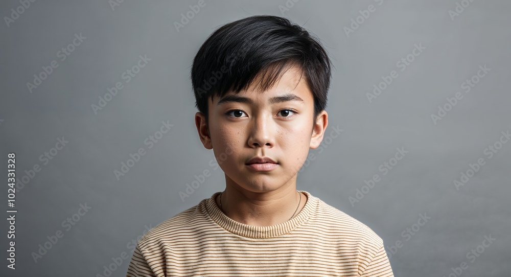 Teen Asian boy with angular face and short straight hair serious light gray background Teen Asian boy with angular face and short straight hair serious light gray background