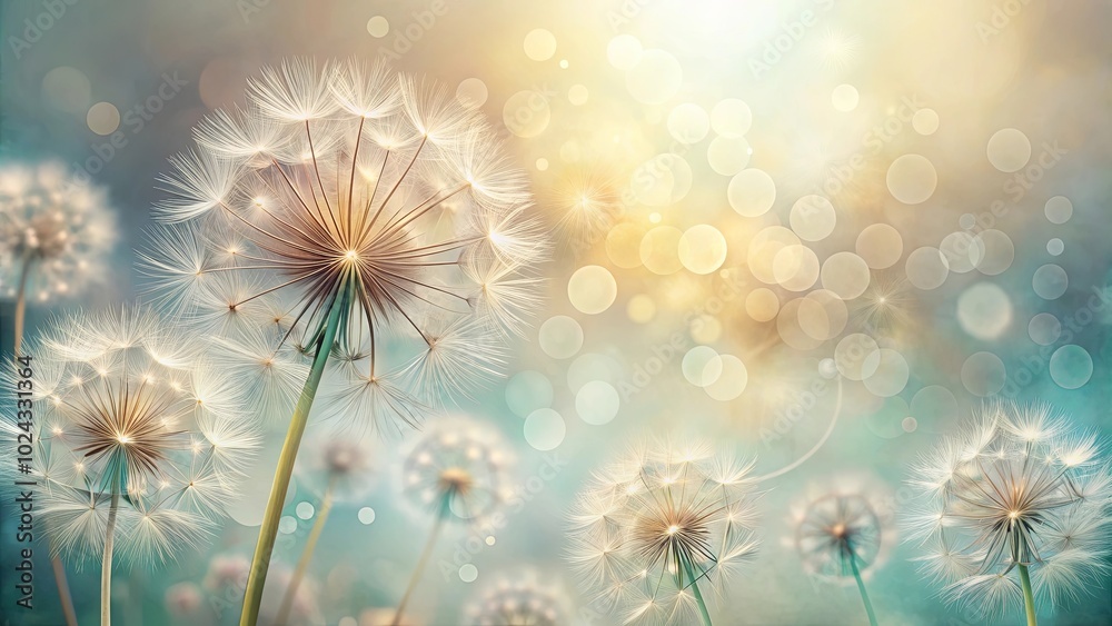 Delicate Dandelion Seed Heads Glowing with Golden Light Against a Soft Bokeh Background