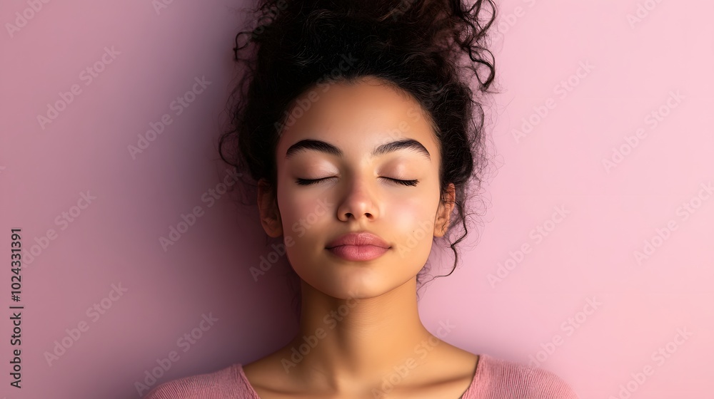 63. A young woman with a serene expression, eyes closed in tranquility, against a light purple background. 63. A young woman with a serene expression, eyes closed in tranquility, against a light purple background.