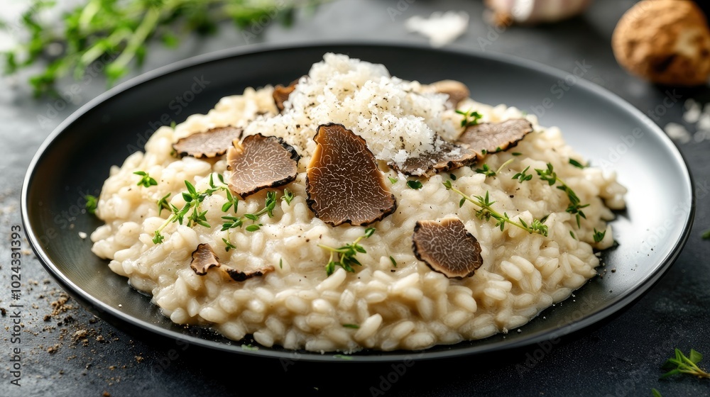 A luxurious truffle risotto elegantly plated on a sleek black plate, topped with delicate shavings of truffle and garnished A luxurious truffle risotto elegantly plated on a sleek black plate, topped with delicate shavings of truffle and garnished