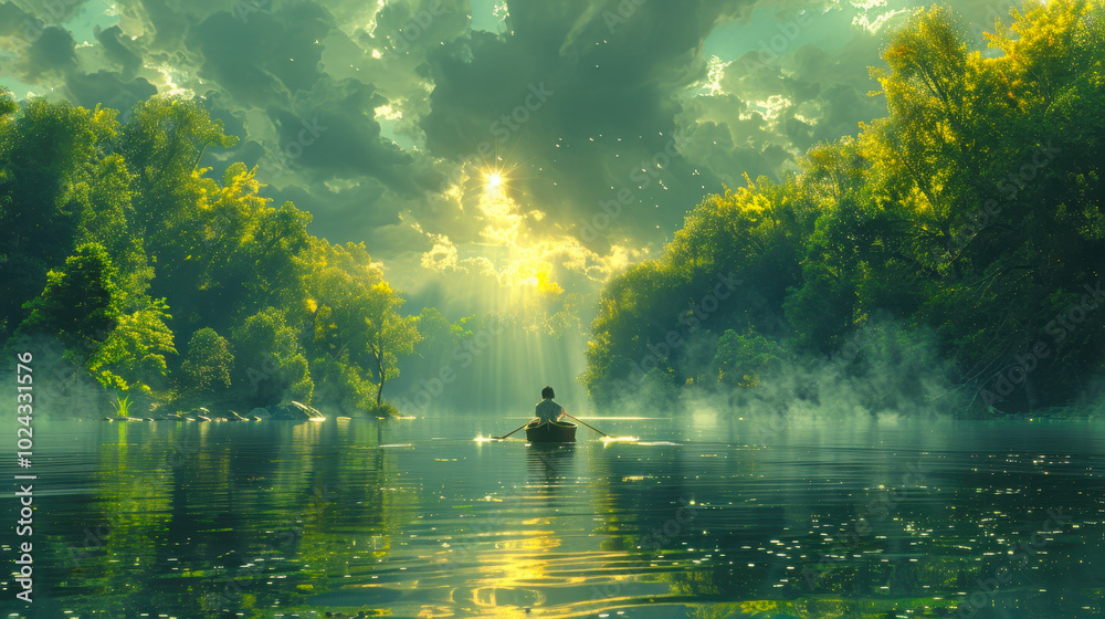 Boy Rowing a Boat Through Enchanted Forest River at Sunrise, Digital Art, Serene Wilderness Journey, Nature Adventure Illustration Boy Rowing a Boat Through Enchanted Forest River at Sunrise, Digital Art, Serene Wilderness Journey, Nature Adventure Illustration