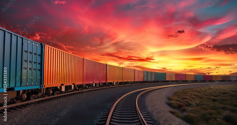 Fototapeta premium containerized freight train wagon against a backdrop of the sky, Generative AI.