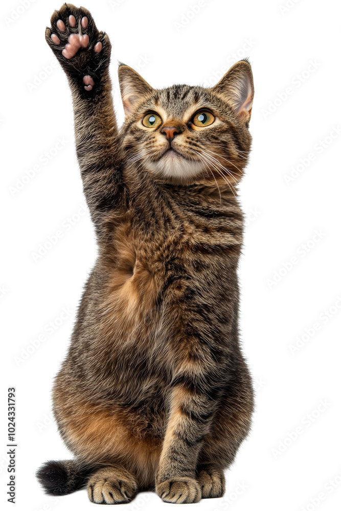 Fototapeta premium Adorable Tabby Cat Sitting with Paw Raised