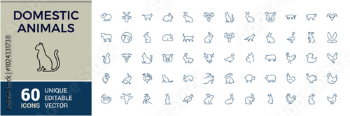 Domestic animals icons set. Thin line animal icon collections. Simple vector icons. farm and hunting animals. Editable vector stroke.