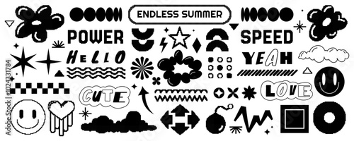 Pixel Y2K sticker. Doodle retro elements. Simple shapes. Abstract flower. Playful balloon art. Tattoo typography. Trendy flat cloud. Bubble emoji smile. Black silhouette. Vector garish 8bit icons set