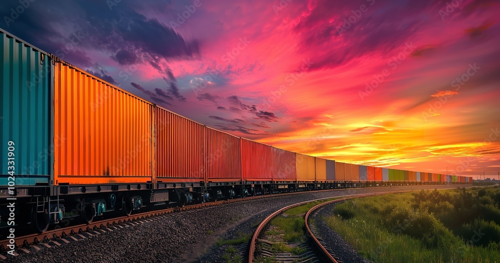 containerized freight train wagon against a backdrop of the sky, Generative AI. containerized freight train wagon against a backdrop of the sky, Generative AI.
