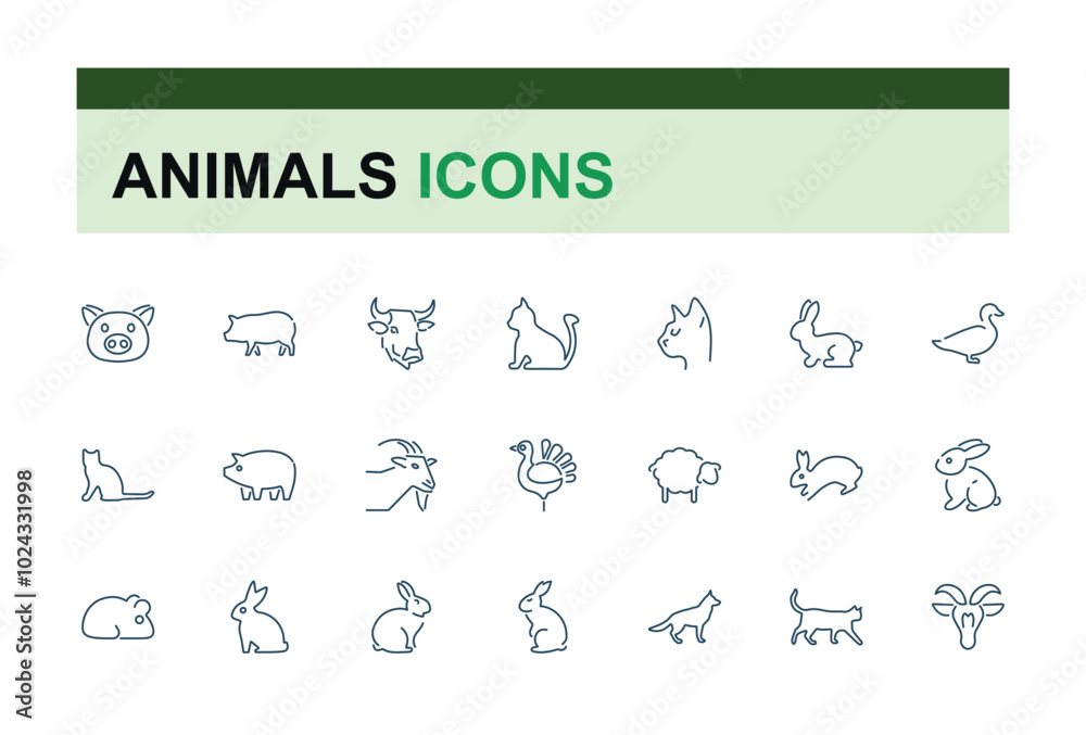 Domestic animals icons set. Thin line animal icon collections. Simple vector icons. farm and hunting animals. Editable vector stroke. Domestic animals icons set. Thin line animal icon collections. Simple vector icons. farm and hunting animals. Editable vector stroke.