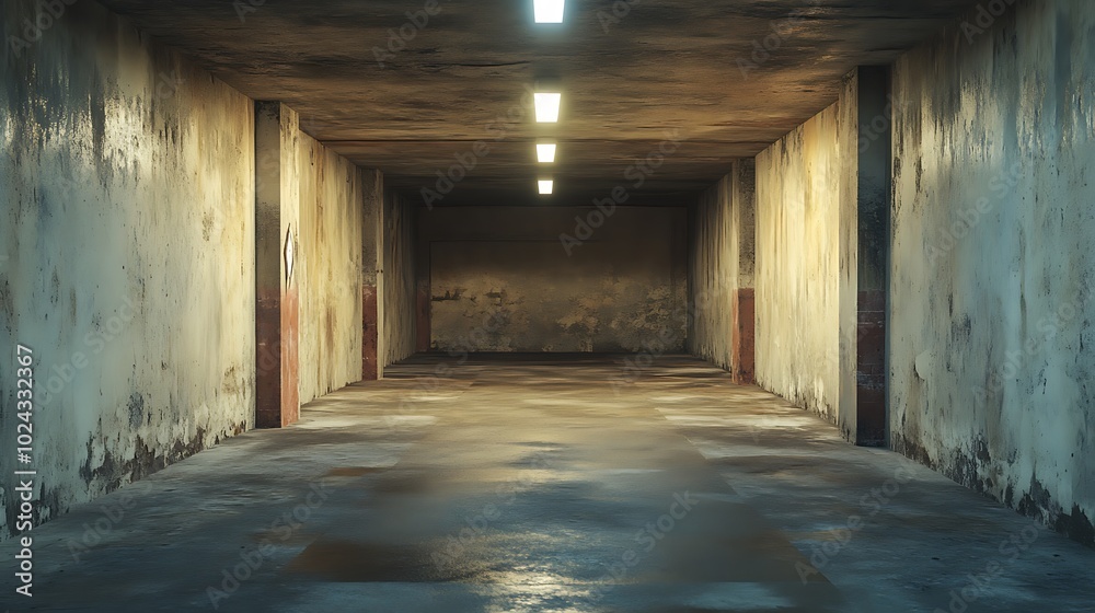 A dark, narrow, empty corridor with concrete walls and a single light at the end. A dark, narrow, empty corridor with concrete walls and a single light at the end.
