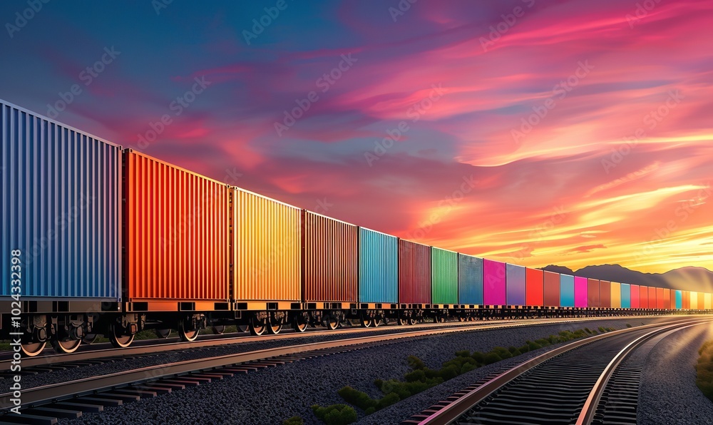 Fototapeta premium containerized freight train wagon against a backdrop of the sky, Generative AI.