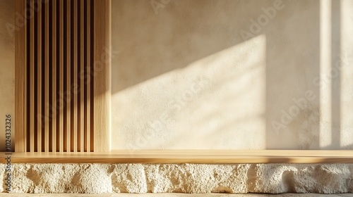  Concrete tabletop on wooden wall panels background for product presentation. Empty countertop with vertical slats. Aesthetic podium mockup in modern studio interior. 