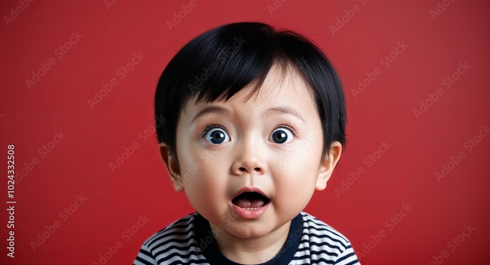 Toddler Asian boy with big eyes and straight black hair surprised warm red background Toddler Asian boy with big eyes and straight black hair surprised warm red background