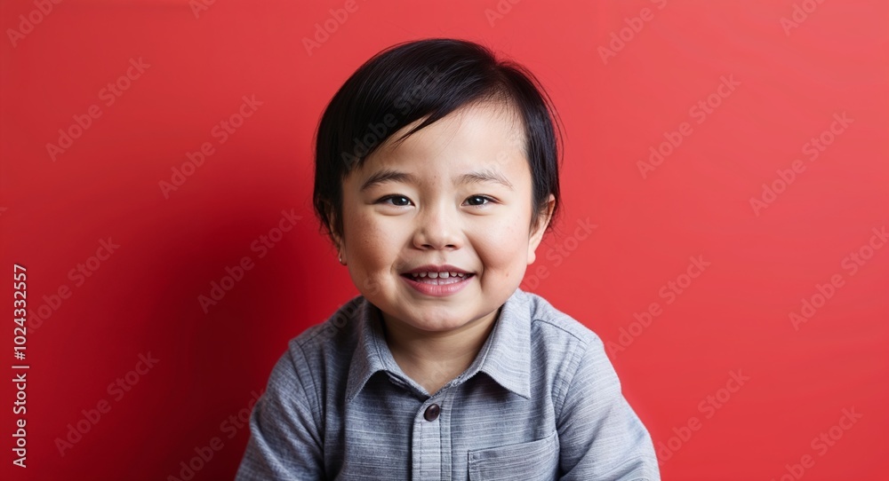 Toddler Asian boy with soft cheeks and straight black hair smirking warm red background Toddler Asian boy with soft cheeks and straight black hair smirking warm red background