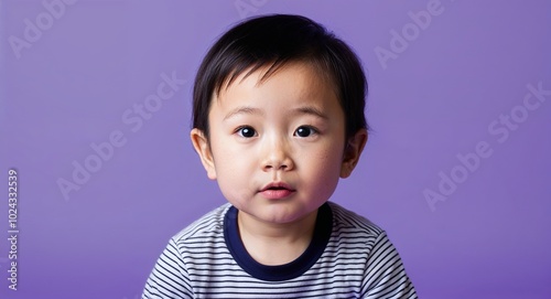 Toddler Asian boy with small nose and straight black hair curious light purple background