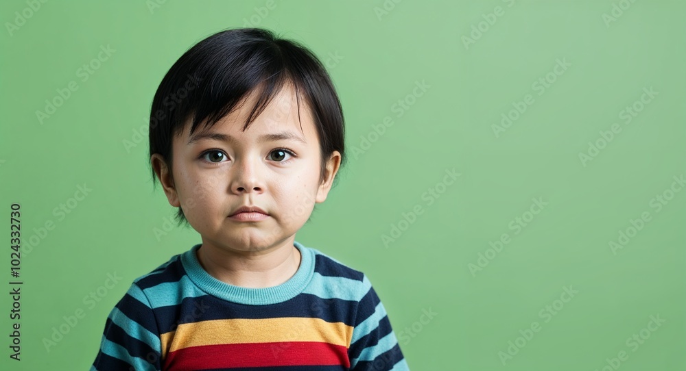 Toddler Latino boy with bright eyes and straight black hair serious light green background Toddler Latino boy with bright eyes and straight black hair serious light green background