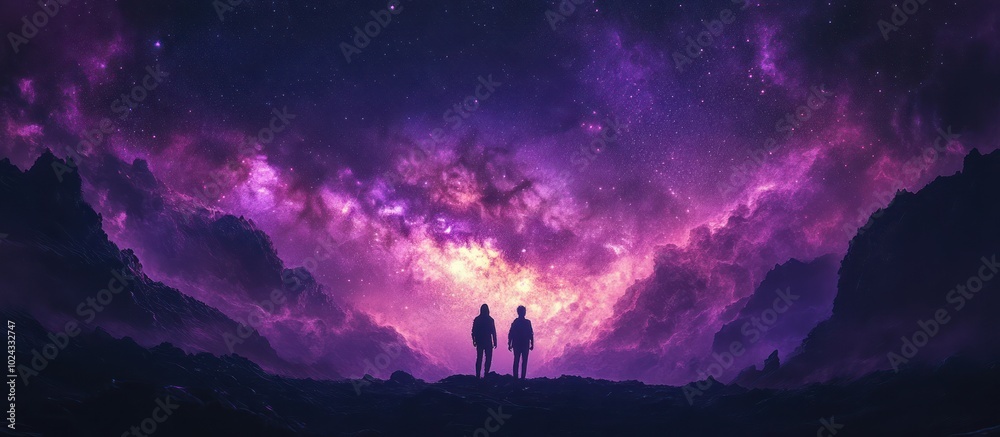 Obraz premium Two figures stand silhouetted against a stunning purple and pink night sky filled with swirling clouds and stars.