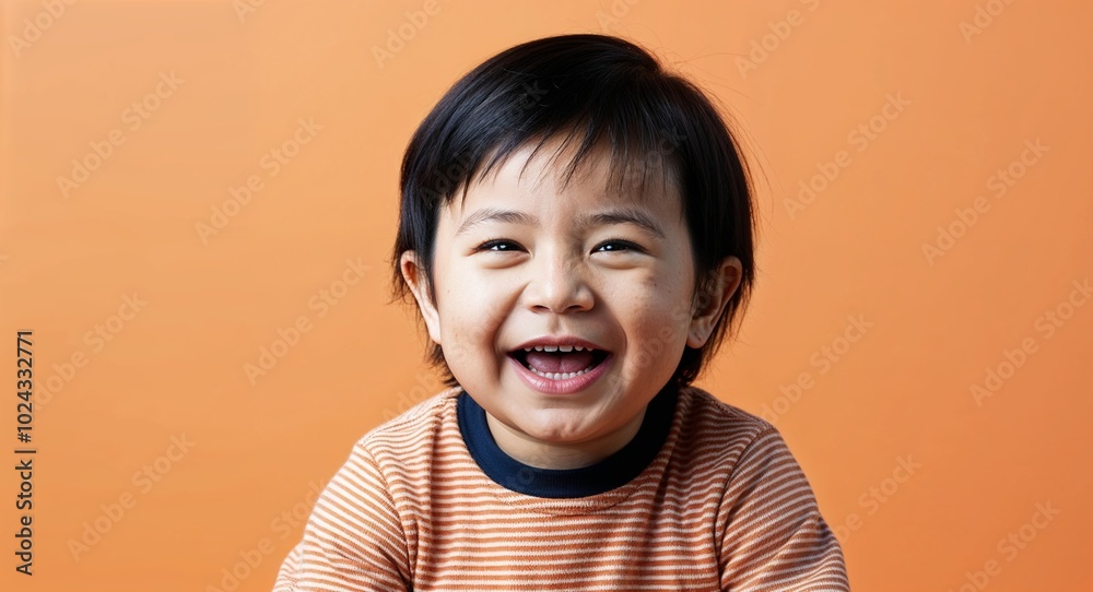 Toddler Latino boy with round face and straight black hair curious light yellow background Toddler Latino boy with round face and straight black hair curious light yellow background