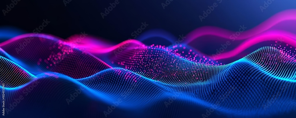 Obraz premium AI generative data visualization, showing interconnected waves and nodes on a deep blue background, suitable for tech innovation topics